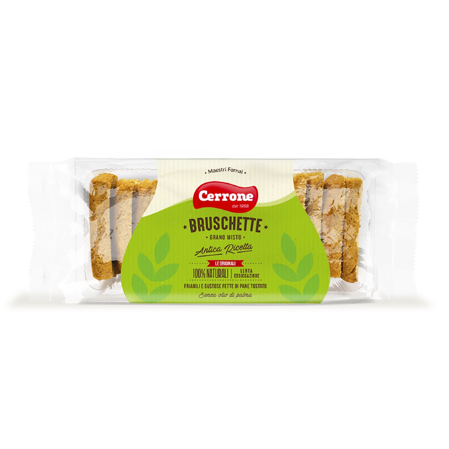 Bruschette Grano Misto su sfondo bianco.