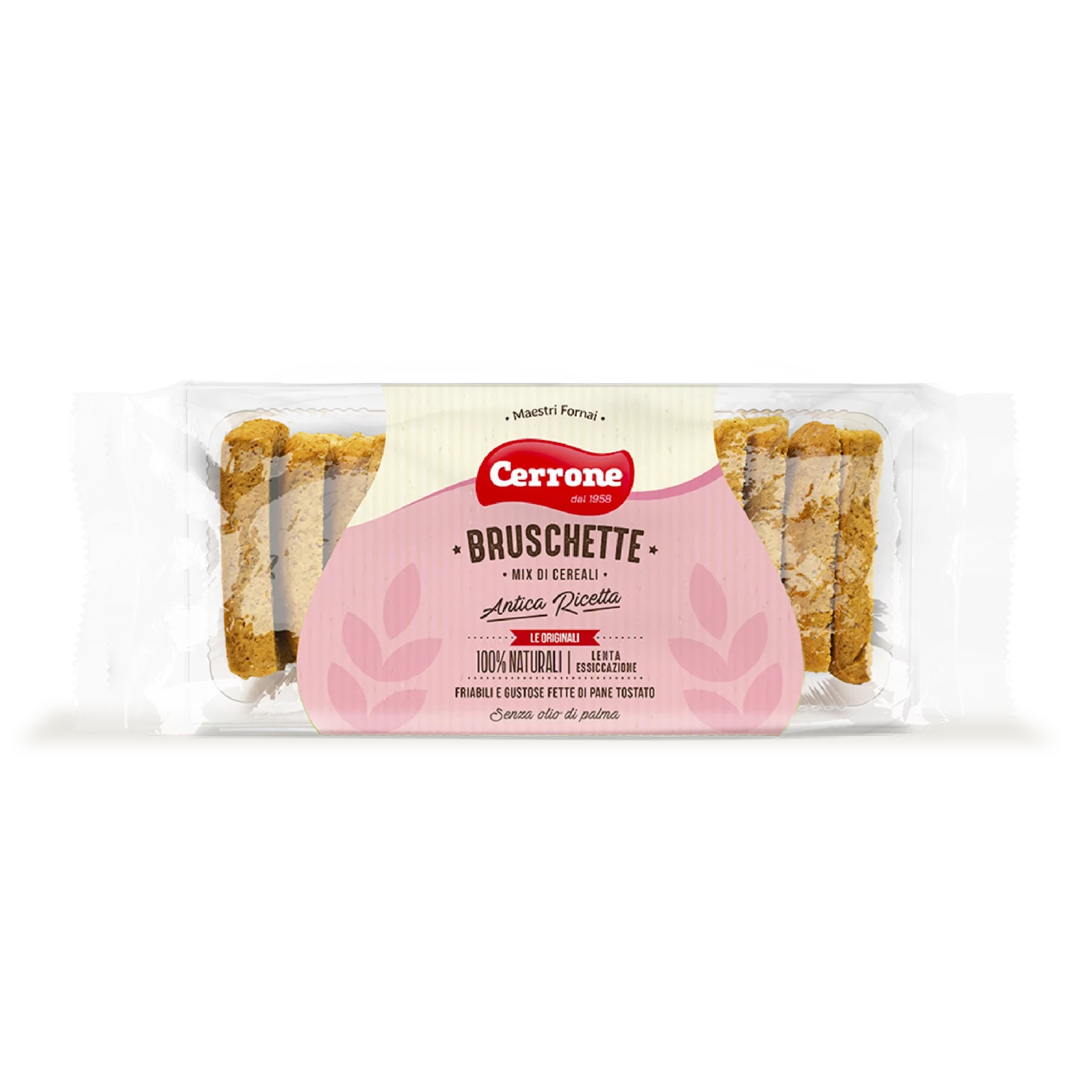 Bruschette ai cerali su sfondo bianco.