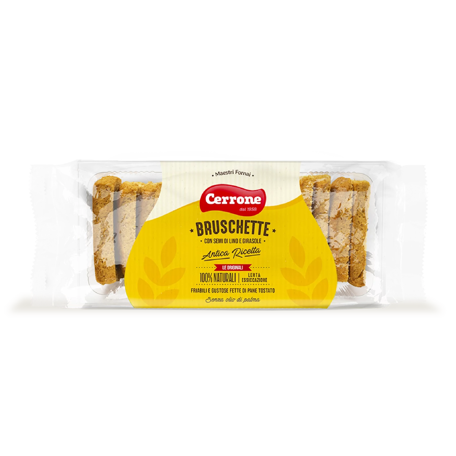 Bruschette semi di lino su sfondo bianco.
