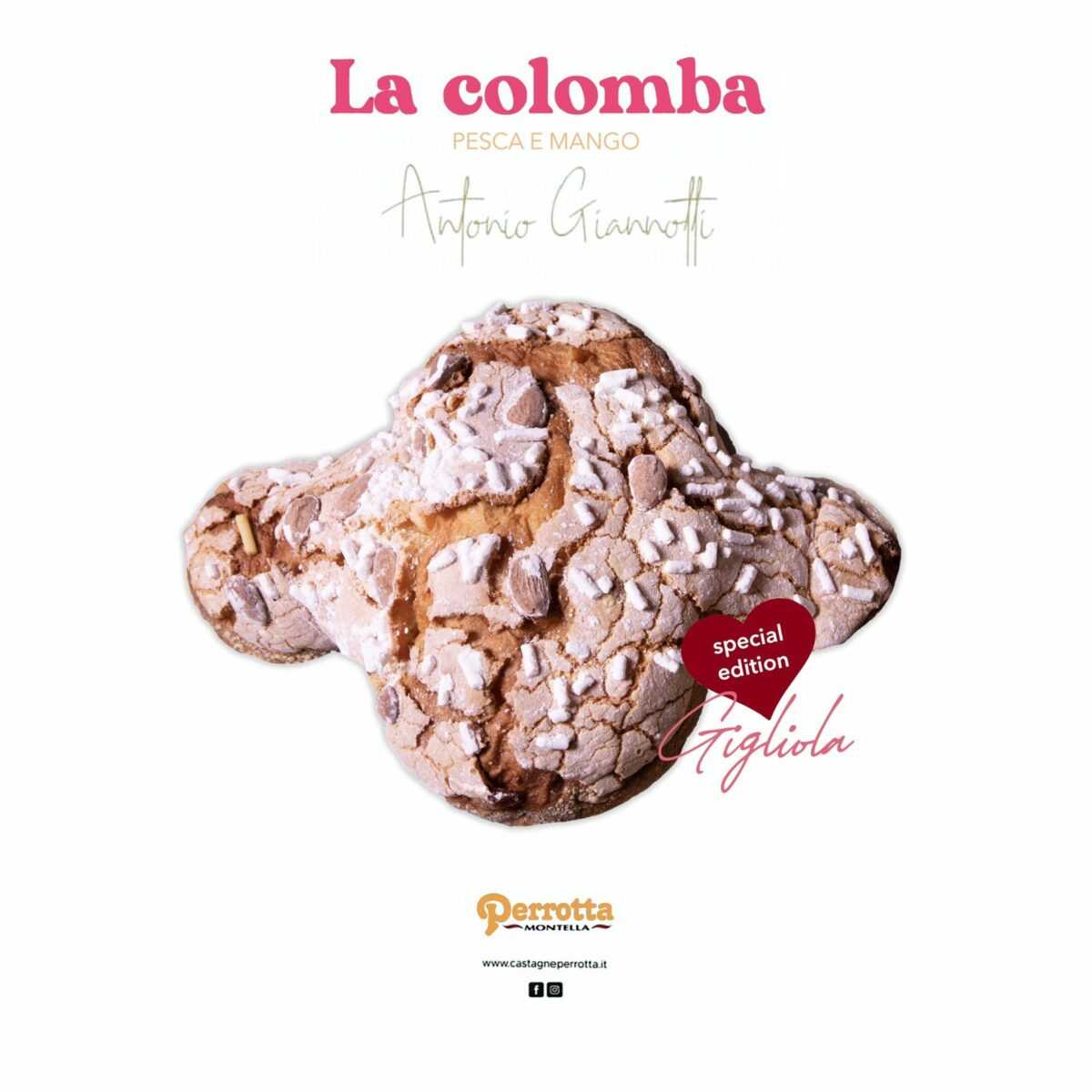 Locandina della colomba pesca e mango Perrotta