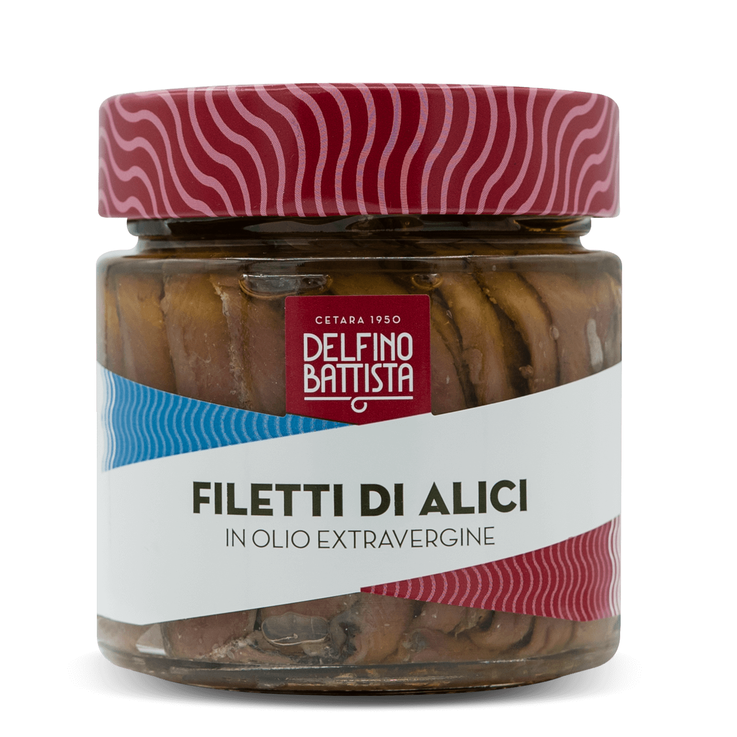 Vasetto di filetti di alici in olio extravergine di oliva su sfondo bianco.