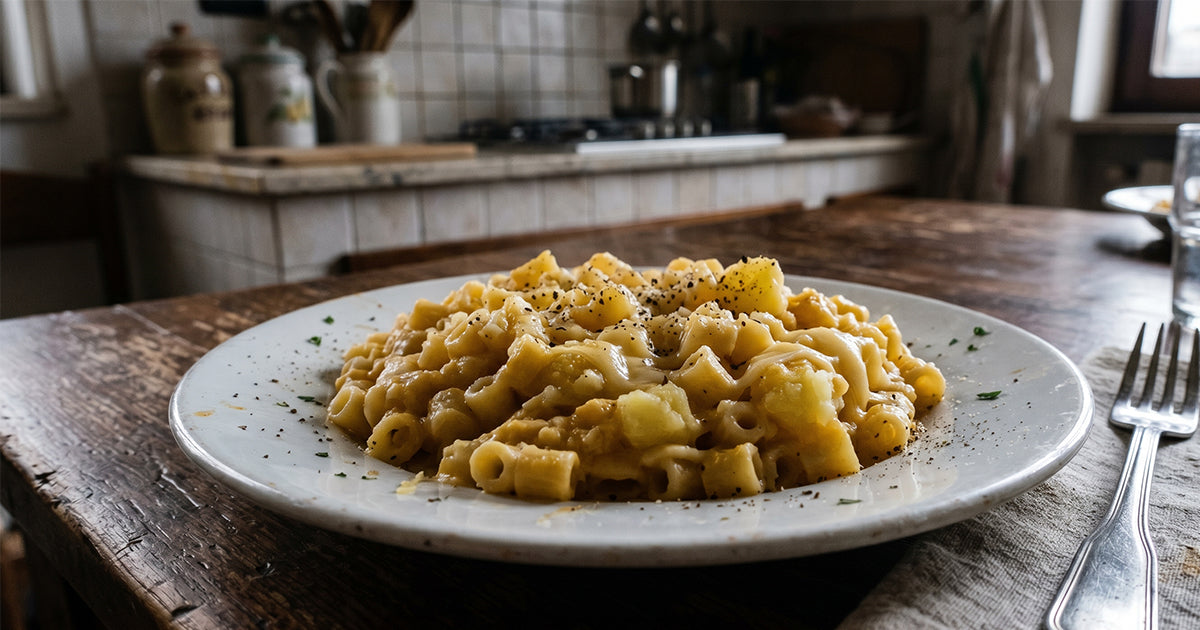 Piatto di pasta patate e provola appoggiato su un tavolo da cucina