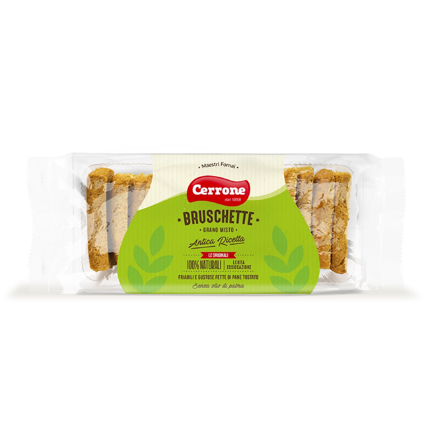 Bruschette Grano Misto su sfondo bianco.
