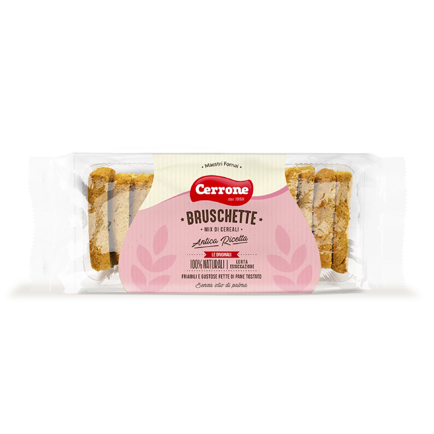 Bruschette ai cerali su sfondo bianco.