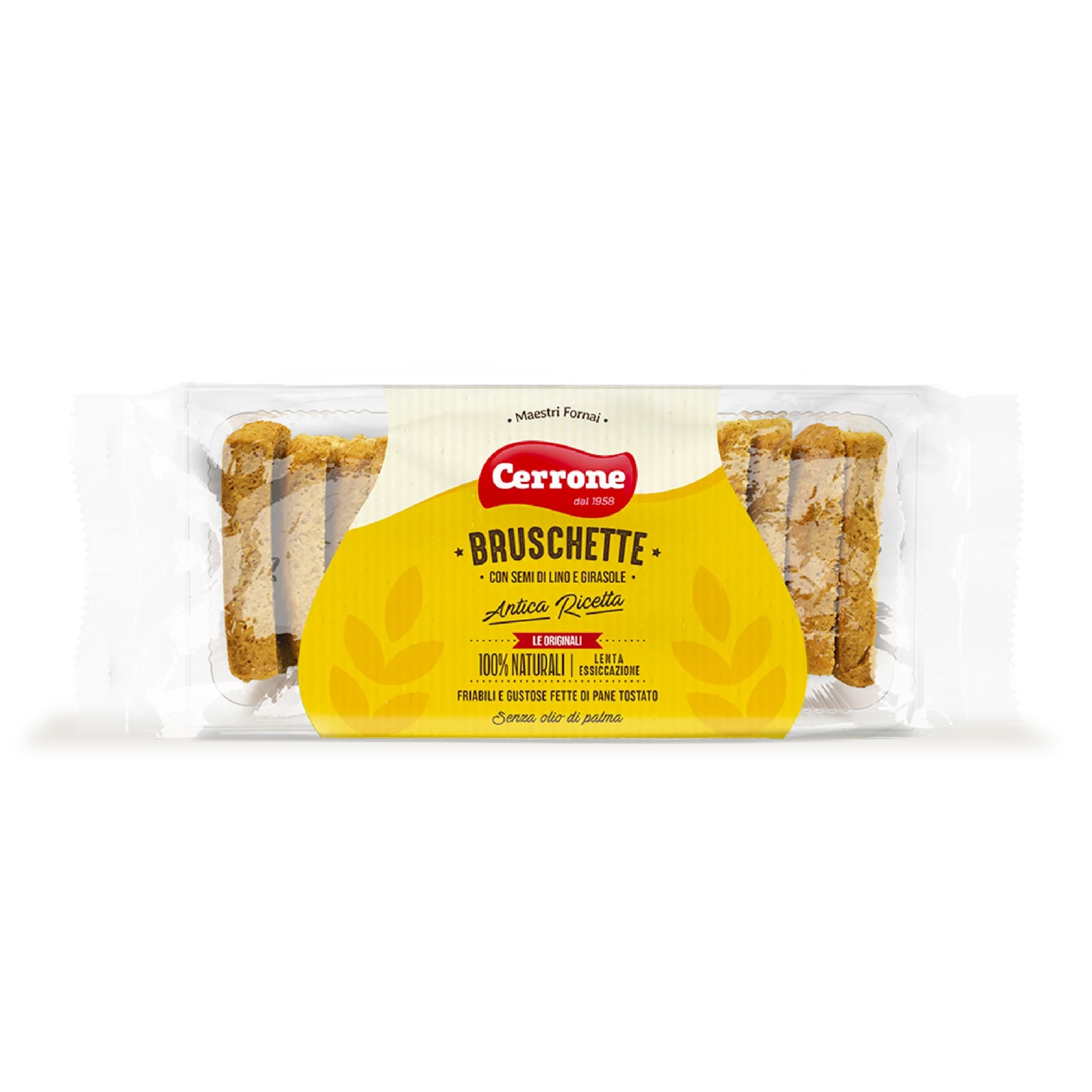 Bruschette semi di lino su sfondo bianco.