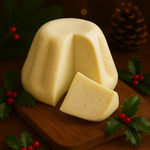 Caciocavallo a forma di pandoro su tagliere di legno in ambientazione natalazia