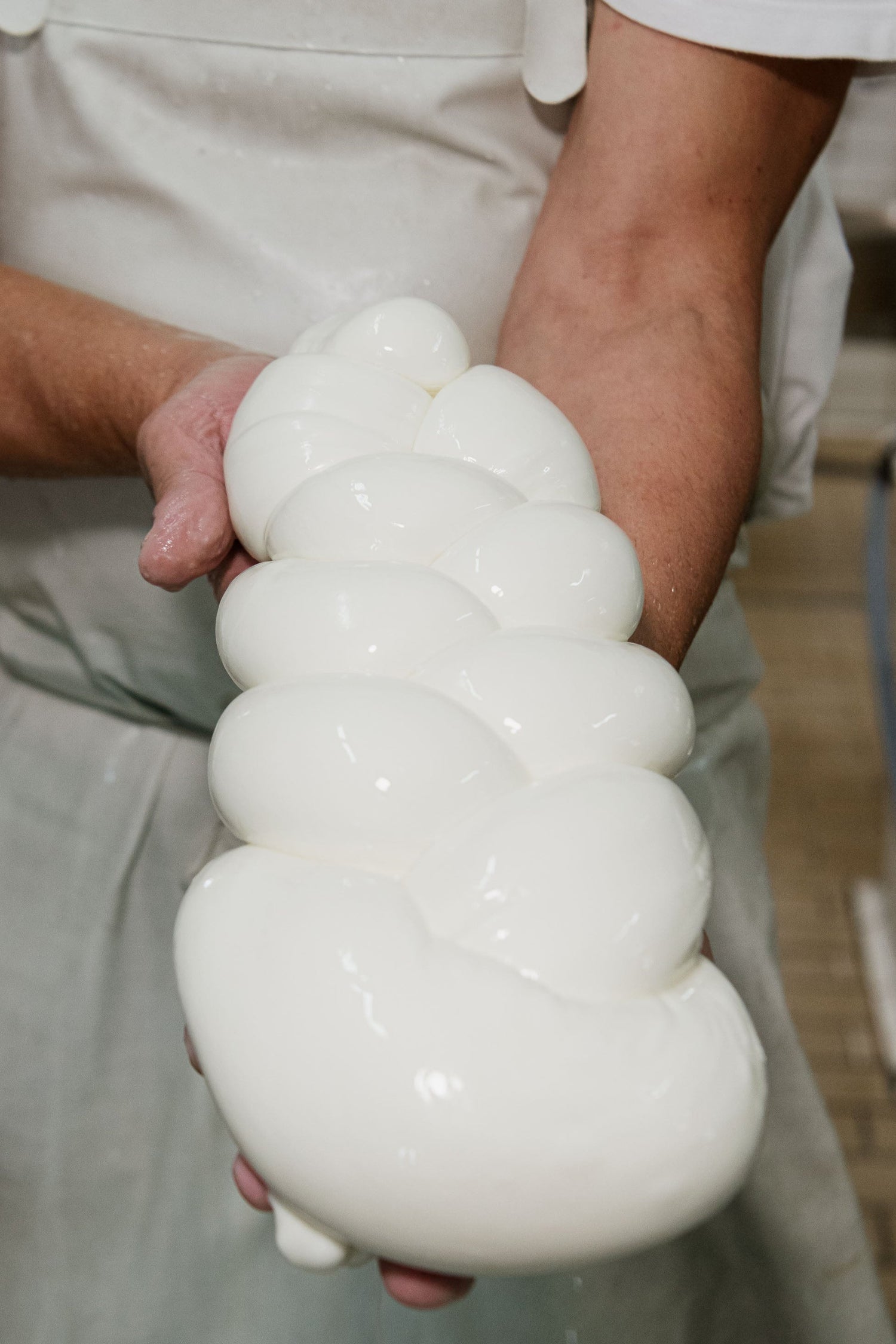 Casaro in abiti da lavoro che tiene in mano una treccia di mozzarella lucida e appena scolata, pronta per il confezionamento.