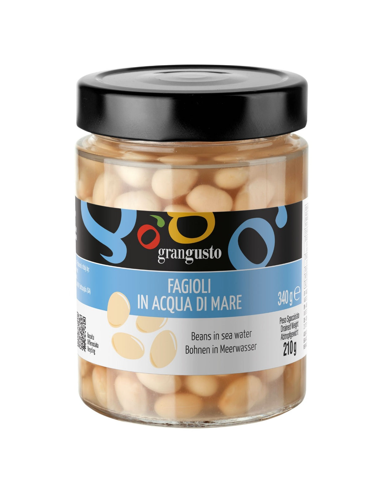 fagioli in acqua di mare su sfondo bianco.